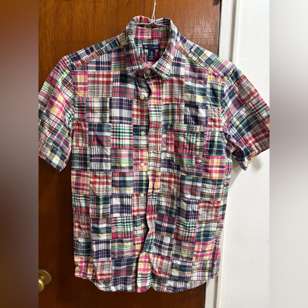 GAP Patchwork Madras Short-sleeve Button-down Shirt Men's Size M Slim Fit
